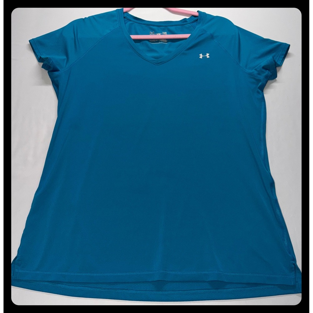 Under Armour Heatgear V-Neck Shirt Womens Large Teal‎ Fitted Short Sleeve Sport